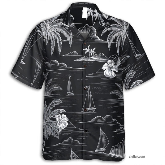 Black and White Tropical Sailboat and Palm Tree Seamless Pattern Hawaiian Shirt – Classic Aloha Look for All Genders