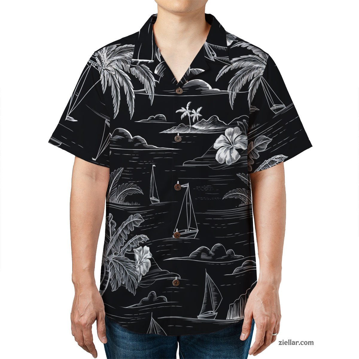 Black and White Tropical Sailboat and Palm Tree Seamless Pattern Hawaiian Shirt – Classic Aloha Look for All Genders