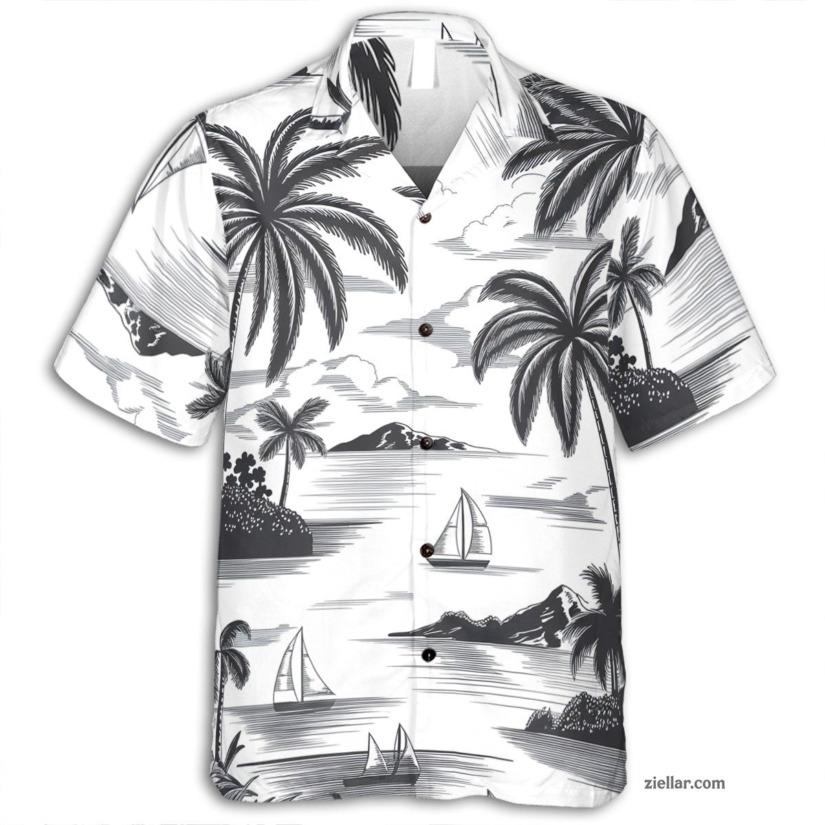 Black and White Tropical Sailboat and Palm Tree Hawaiian Shirt for Men Women – Cool and Breezy Summer Apparel