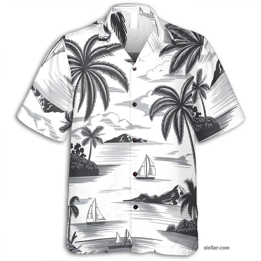 Black and White Tropical Sailboat and Palm Tree Hawaiian Shirt for Men Women – Cool and Breezy Summer Apparel
