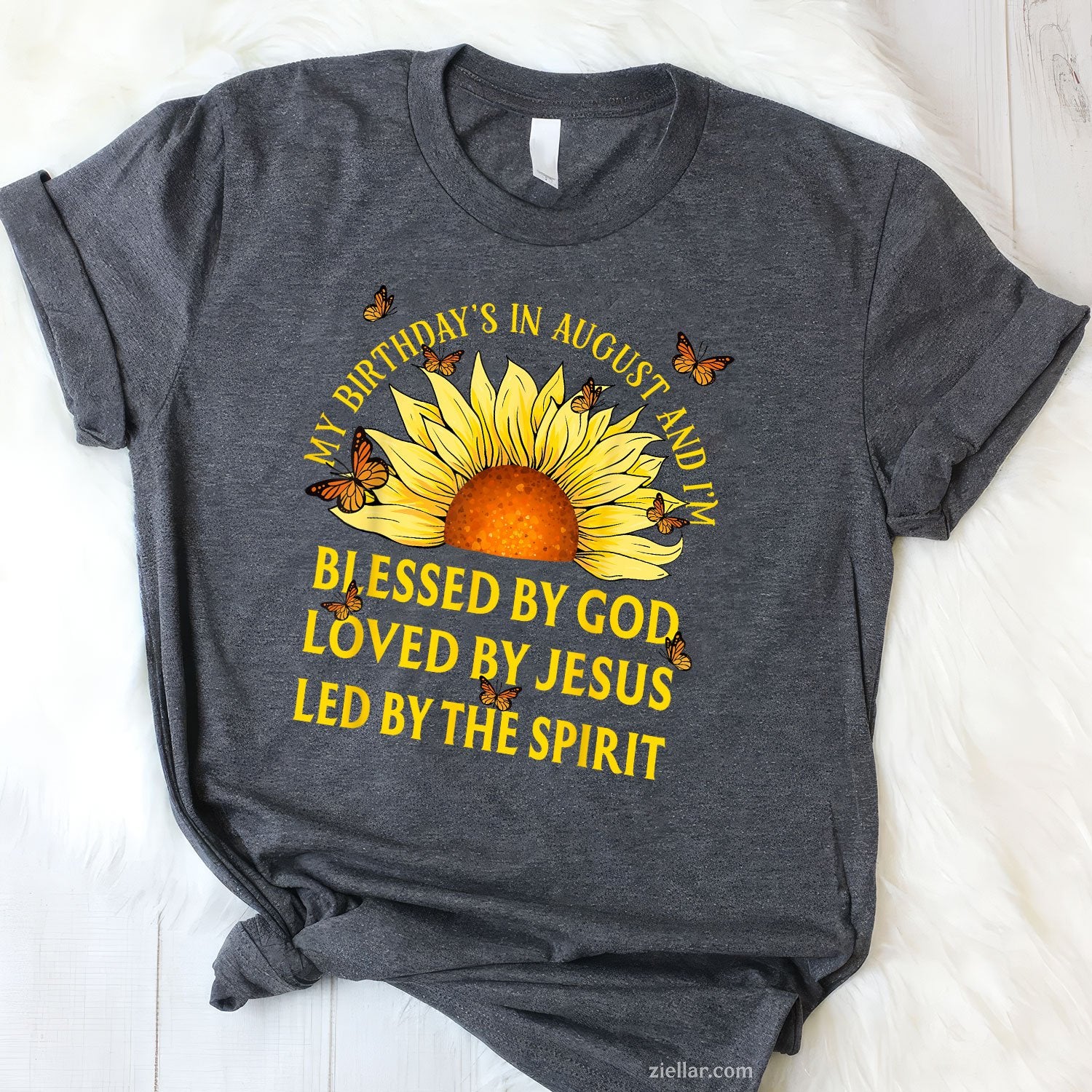 Blessed by God August Birthday Tee and T-Shirt, Christian Sunflower T-Shirt Gift for Adults