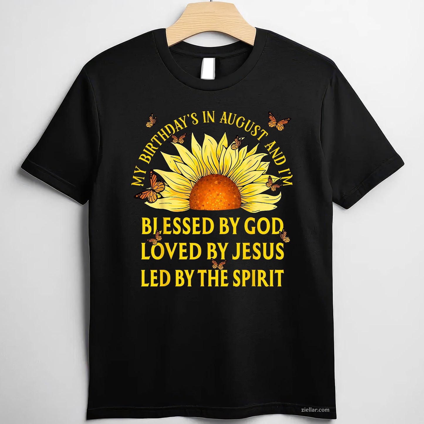 Blessed by God August Birthday Tee and T-Shirt, Christian Sunflower T-Shirt Gift for Adults
