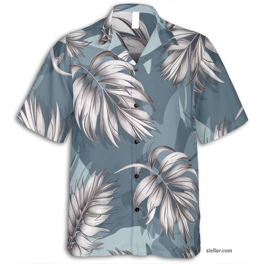 Blue Palm Leaf Print Hawaiian Shirt and Tee, Summer Tropical Vacation Wear