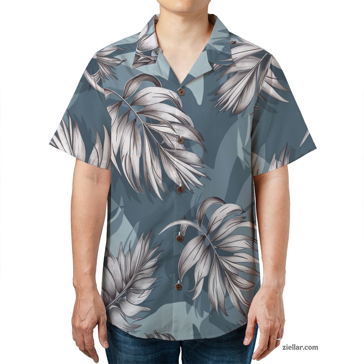 Blue Palm Leaf Print Hawaiian Shirt and Tee, Summer Tropical Vacation Wear