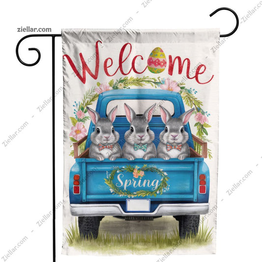 Blue Truck with Bunnies Welcome Sign Easter Spring Decor for Garden or Porch