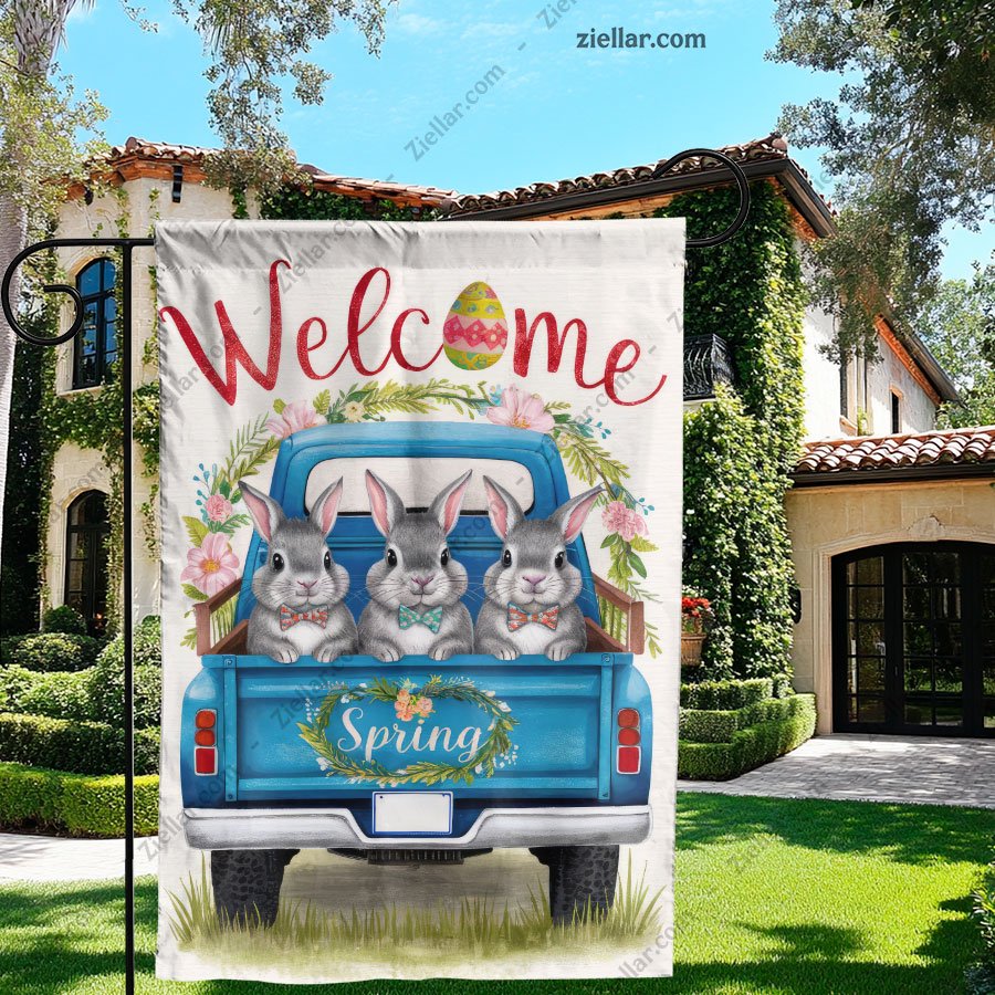 Blue Truck with Bunnies Welcome Sign Easter Spring Decor for Garden or Porch