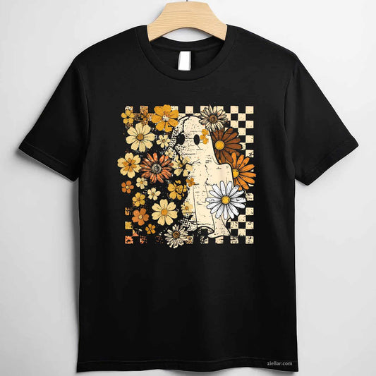 Boho Floral Fall Ghost Thanksgiving Autumn Vibes Halloween Premium T-Shirt And Tee For Women