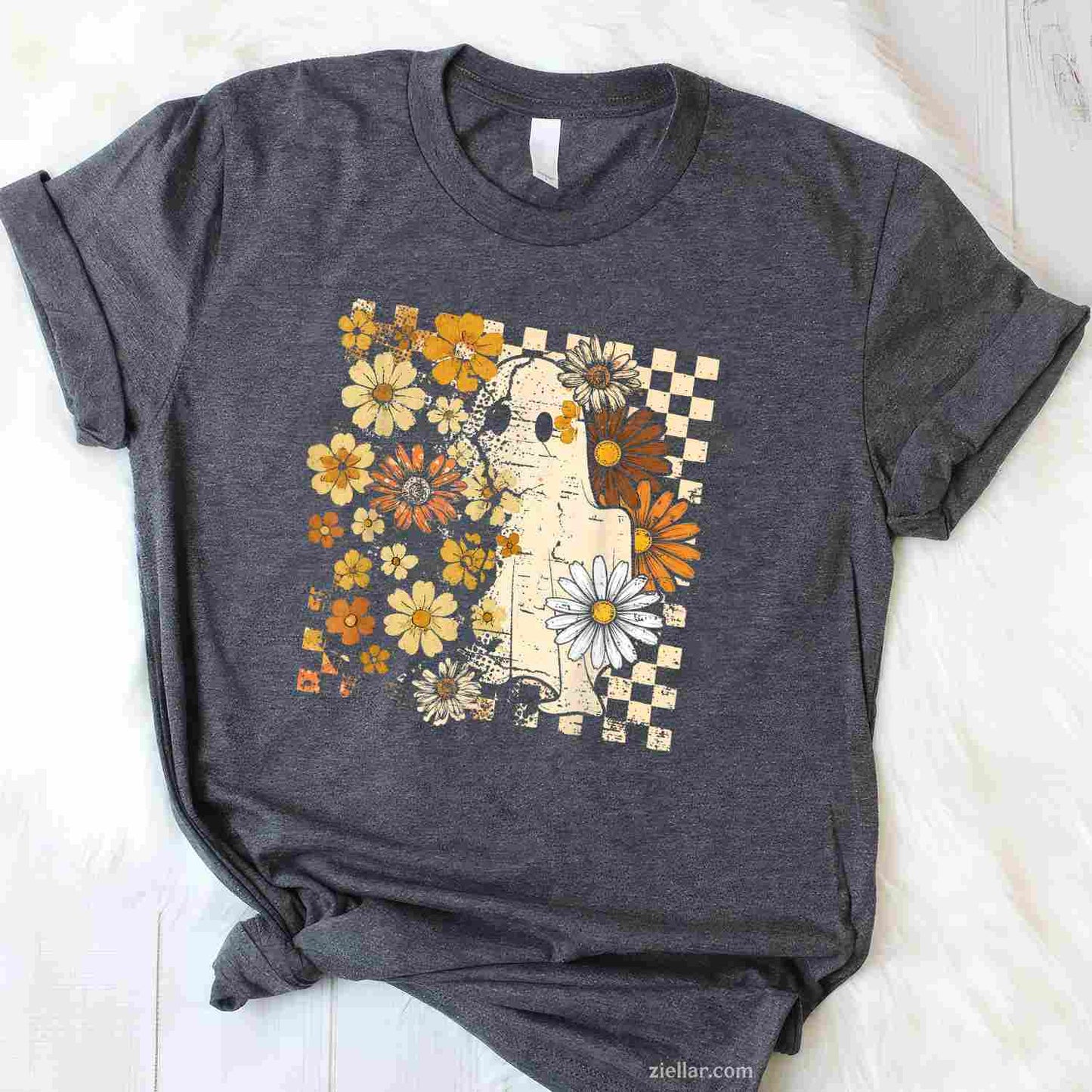 Boho Floral Fall Ghost Thanksgiving Autumn Vibes Halloween Premium T-Shirt And Tee For Women