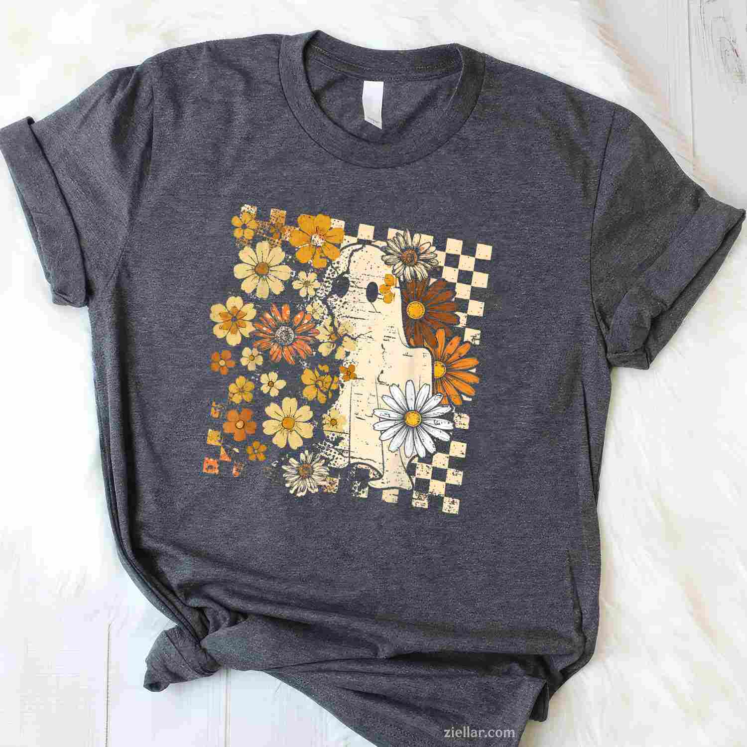 Boho Floral Fall Ghost Thanksgiving Autumn Vibes Halloween Premium T-Shirt And Tee For Women