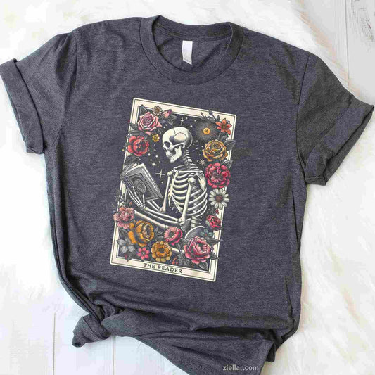Book Lover The Reader Tarot Card T-Shirt, Funny Skeleton Reading Vintage Graphic Tee For Adults
