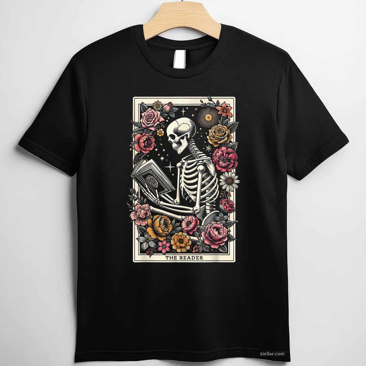Book Lover The Reader Tarot Card T-Shirt, Funny Skeleton Reading Vintage Graphic Tee For Adults