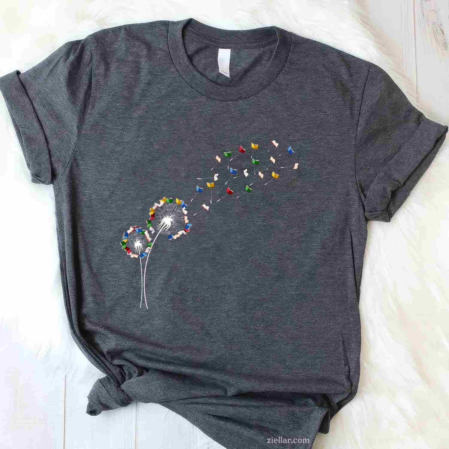 Book Lovers Cute Dandelion With Books Image T-Shirt, Vintage Graphic Tee For Bookworm, Librarian, Bibliophile