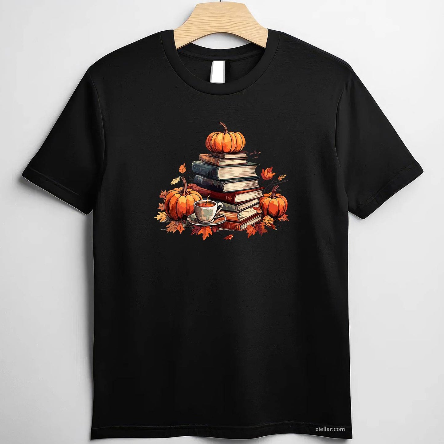 Books Coffee Fall Leaves and Pumpkins Vintage Library T-Shirt and Tee for Adults Men Women Unisex