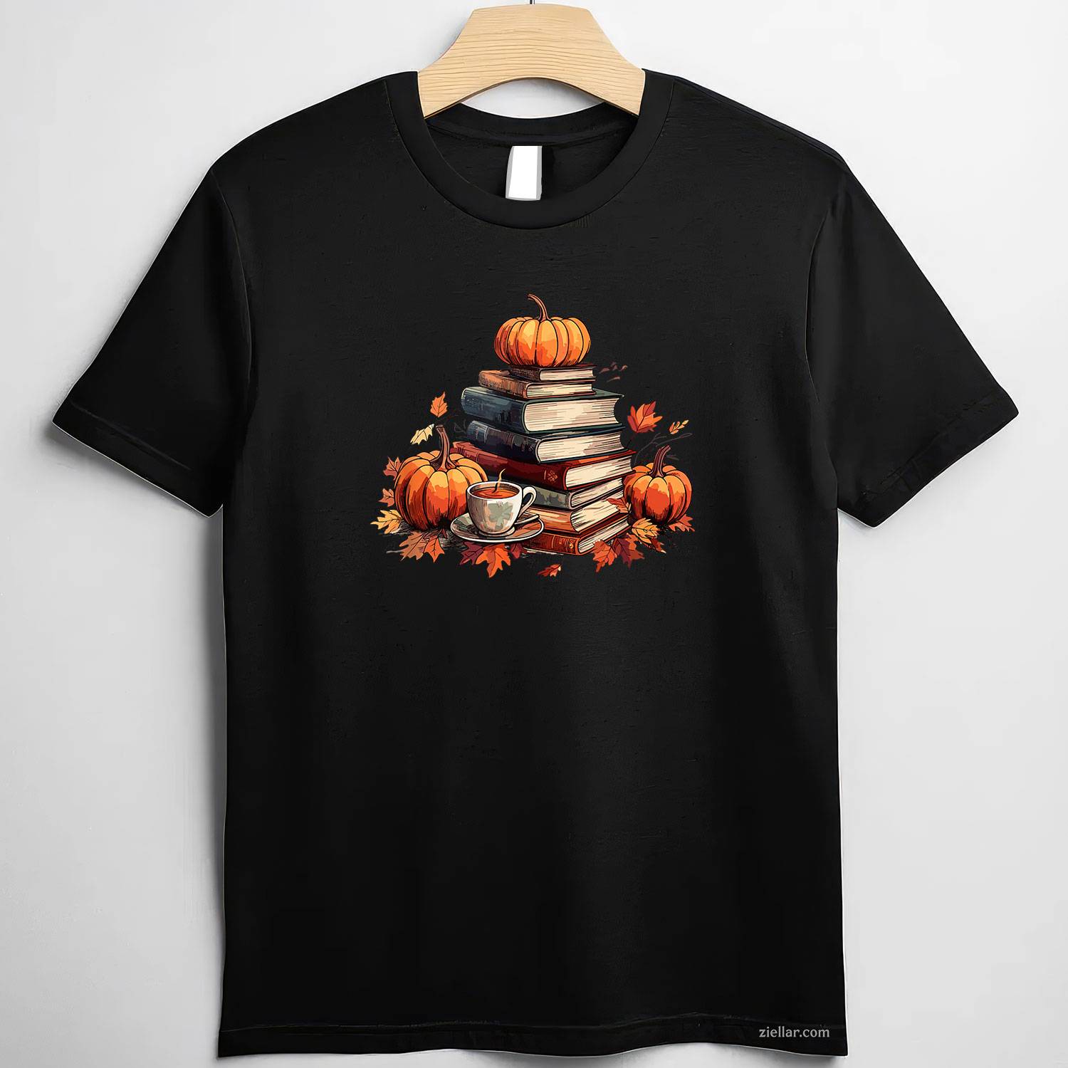 Books Coffee Fall Leaves and Pumpkins Vintage Library T-Shirt and Tee for Adults Men Women Unisex