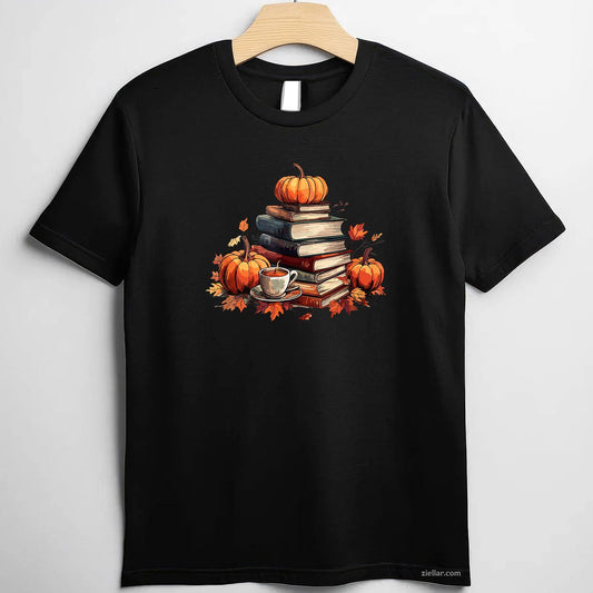 Books Coffee Fall Leaves and Pumpkins Vintage Library T-Shirt and Tee for Adults Men Women Unisex