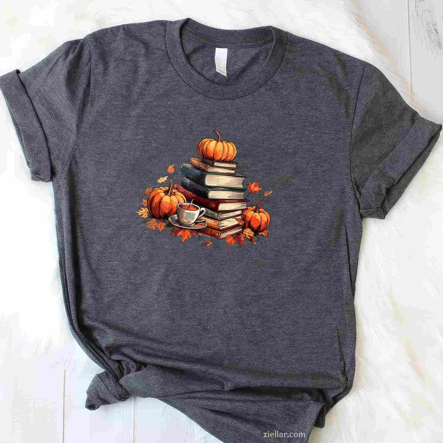 Books Coffee Fall Leaves and Pumpkins Vintage Library T-Shirt and Tee for Adults Men Women Unisex