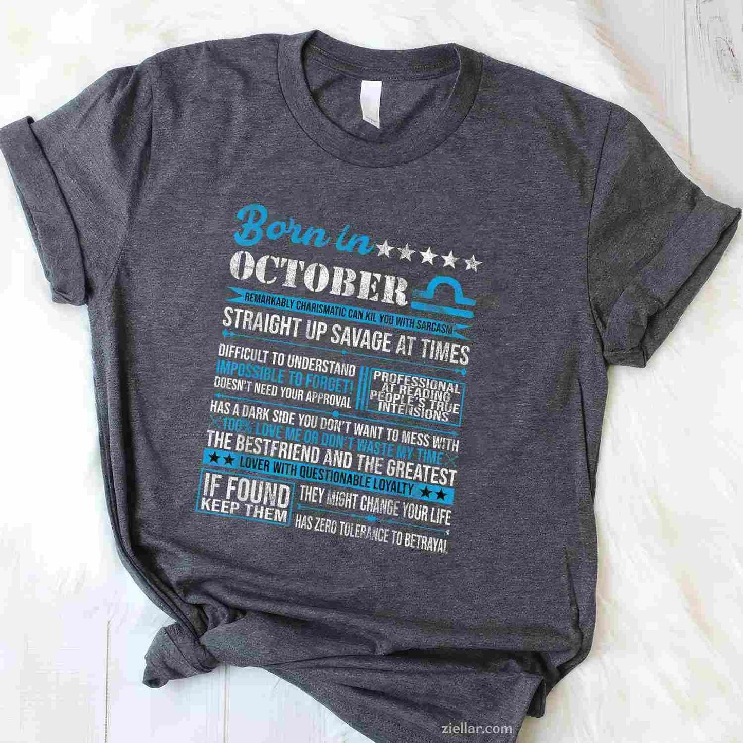 Born in October Libra Horoscope Birthday Gift T-Shirt and Tee for Adults Men Women Unisex