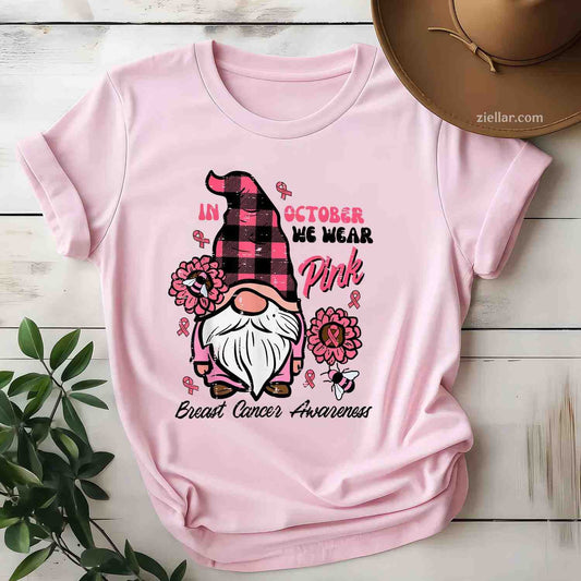 Breast Cancer Aware Gnome October We Wear Pink Women Kid Men Funny Graphic Tee and T-Shirt Gift for Adults Men Women Unisex