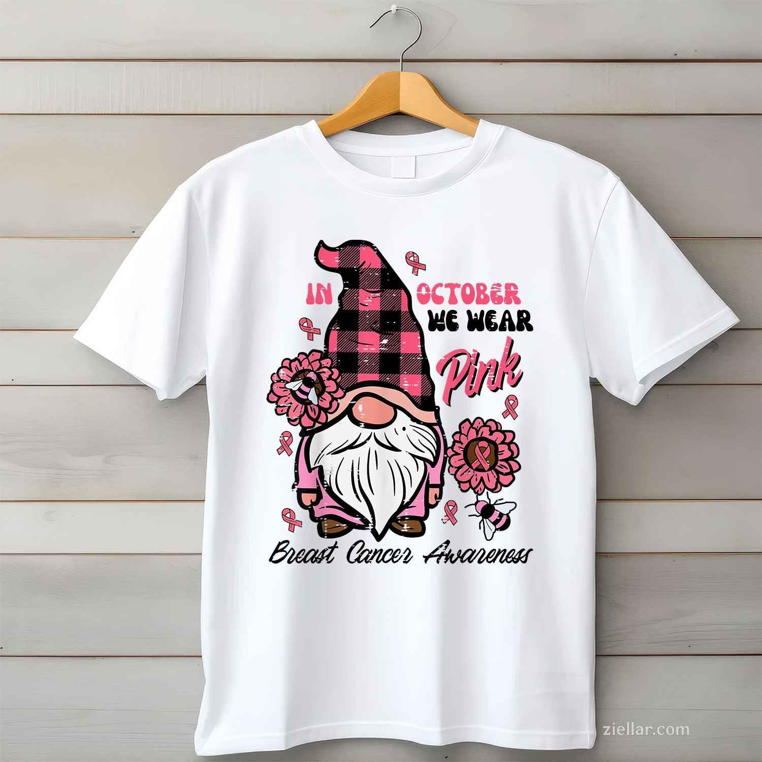 Breast Cancer Aware Gnome October We Wear Pink Women Kid Men Funny Graphic Tee and T-Shirt Gift for Adults Men Women Unisex