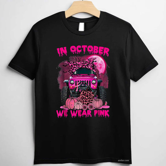 Breast Cancer Awareness In October We Wear Pink Ribbon Truck Funny Graphic Tee and T-Shirt Gift for Adults Men Women Unisex