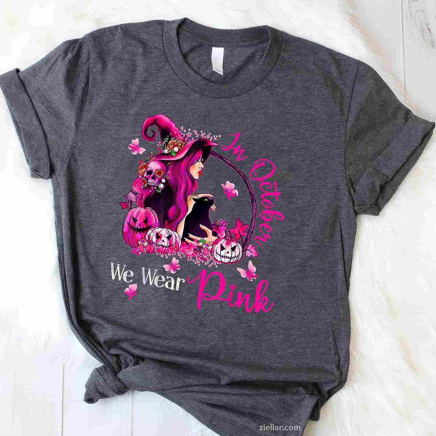 Breast Cancer Witches In October We Wear Pink Autumn Fall Funny Graphic Tee and T-Shirt Gift for Adults Men Women Unisex