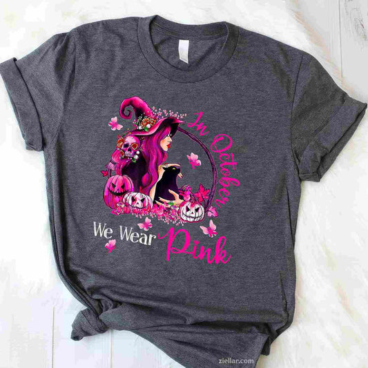 Breast Cancer Witches In October We Wear Pink Autumn Fall Funny Graphic Tee and T-Shirt Gift for Adults Men Women Unisex