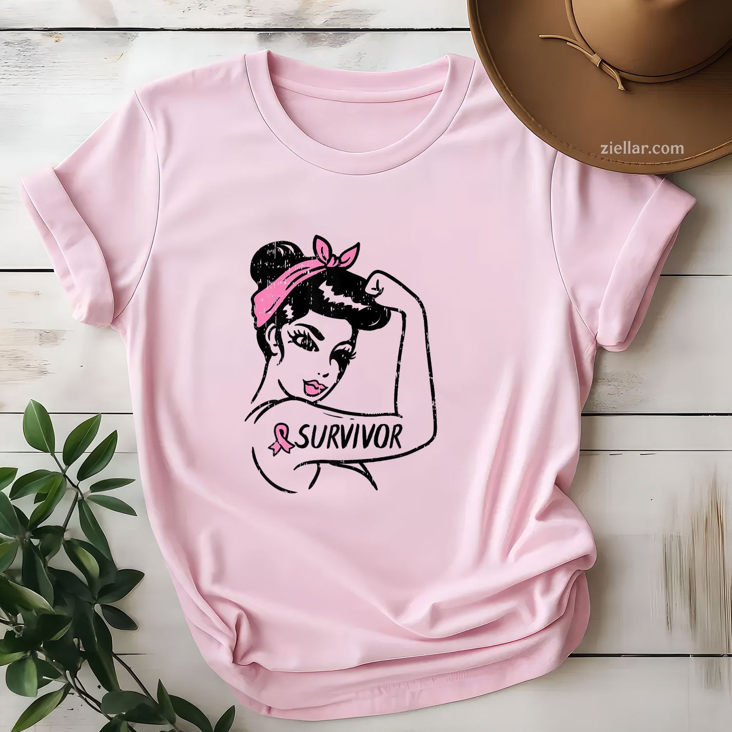 Breast Cancer Survivor Rosie Riveter Pink Awareness Women T-Shirt