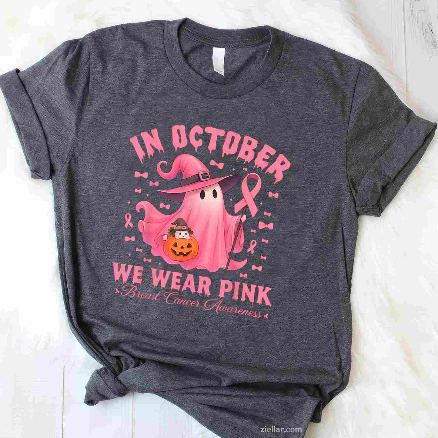 Breast Cancer Awareness Halloween In October We Wear Pink Funny Graphic Tee and T-Shirt Gift for Adults Men Women Unisex