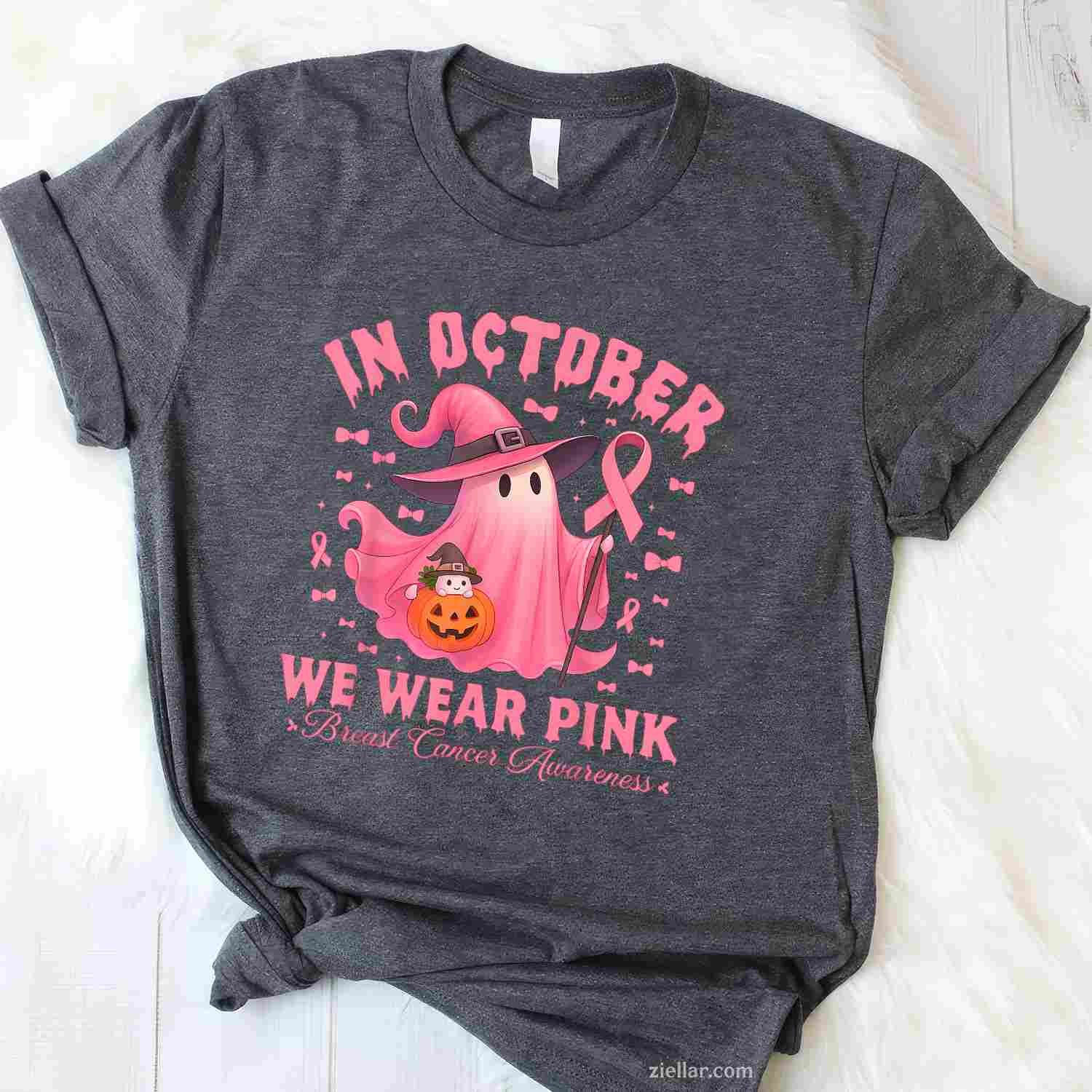 Breast Cancer Awareness Halloween In October We Wear Pink Funny Graphic Tee and T-Shirt Gift for Adults Men Women Unisex