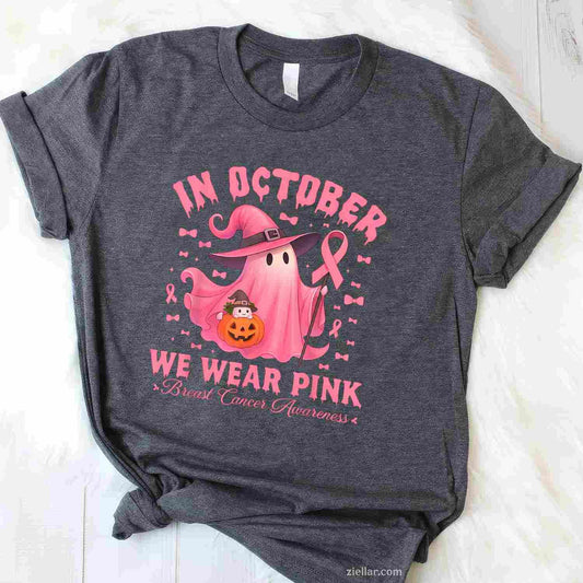 Breast Cancer Awareness Halloween In October We Wear Pink Funny Graphic Tee and T-Shirt Gift for Adults Men Women Unisex