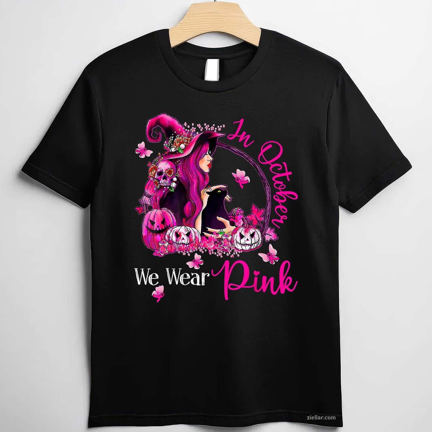 Breast Cancer Witches In October We Wear Pink Autumn Fall Funny Graphic Tee and T-Shirt Gift for Adults Men Women Unisex