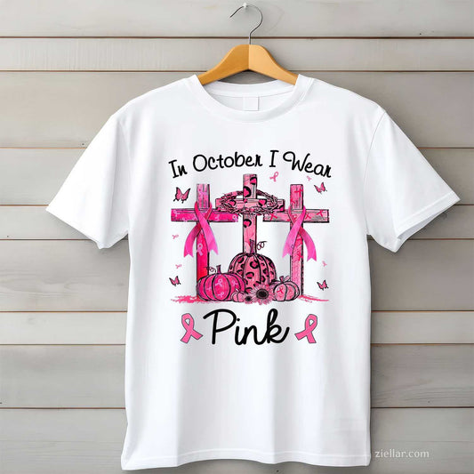 Breast cancer In october i wear Pink ribbon pumpkin Funny Graphic Tee and T-Shirt Gift for Adults Men Women Unisex