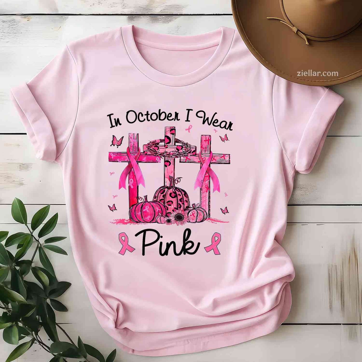 Breast cancer In october i wear Pink ribbon pumpkin Funny Graphic Tee and T-Shirt Gift for Adults Men Women Unisex
