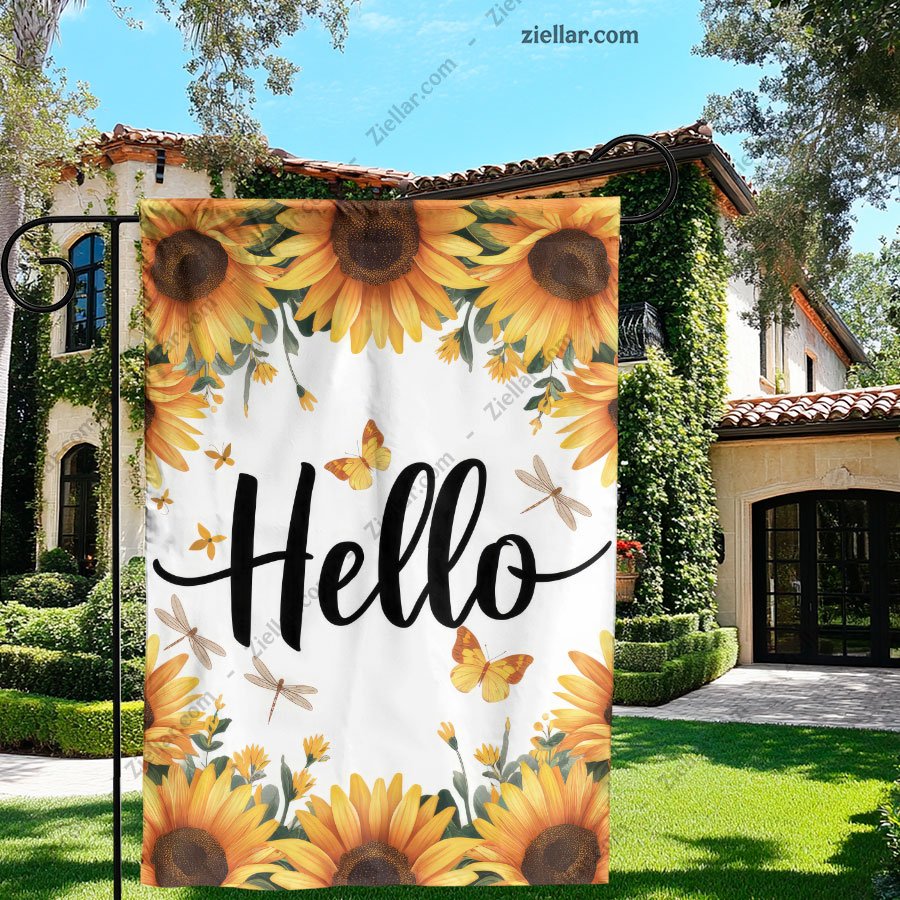 Bright Hello Sunflower and Butterfly Garden Flag Summer Outdoor Yard Decor