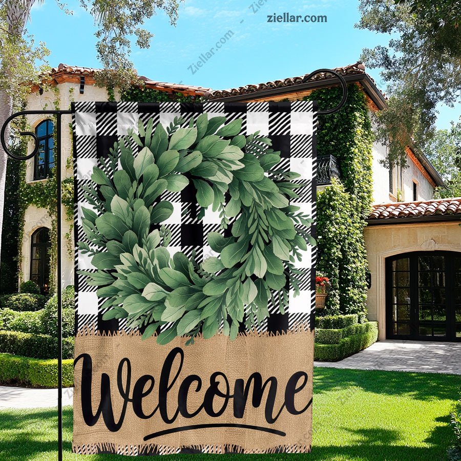 Buffalo Plaid Wreath Spring Garden Flag 12x18 Inch, Double Sided Outdoor Flag. Tee Gift