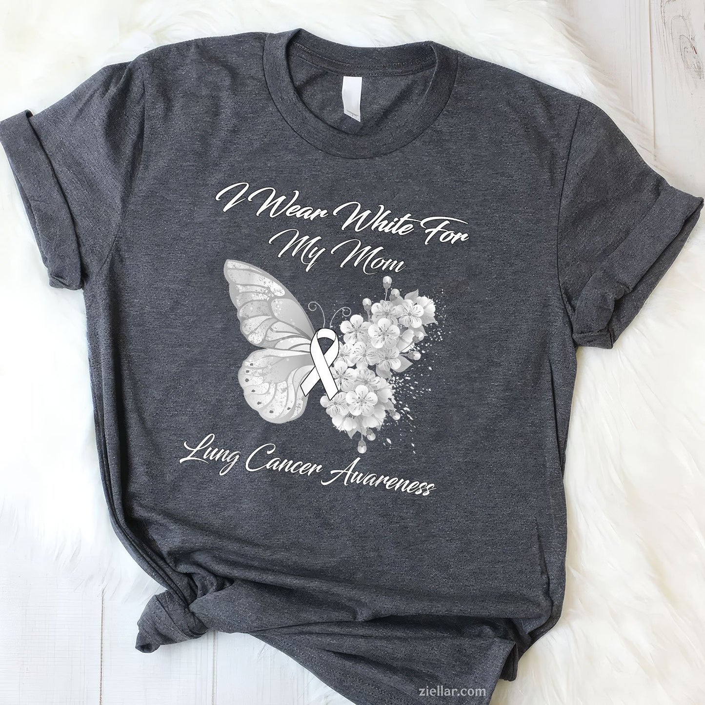 Butterfly I Wear White For My Mom Lung Cancer Awareness T-Shirt