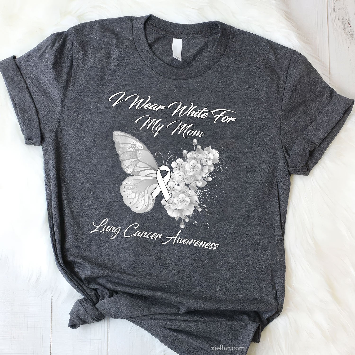 Butterfly I Wear White For My Mom Lung Cancer Awareness T-Shirt