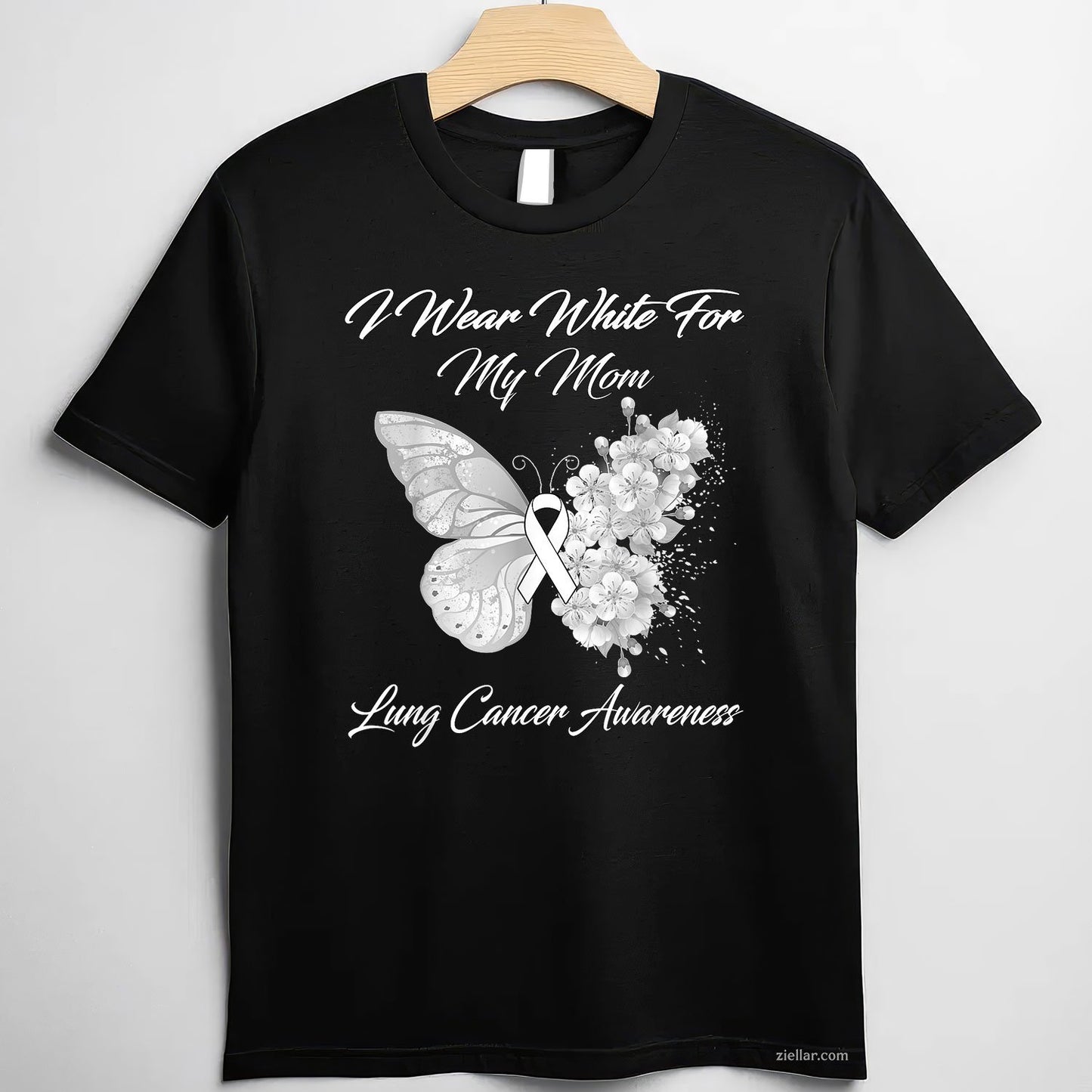 Butterfly I Wear White For My Mom Lung Cancer Awareness T-Shirt