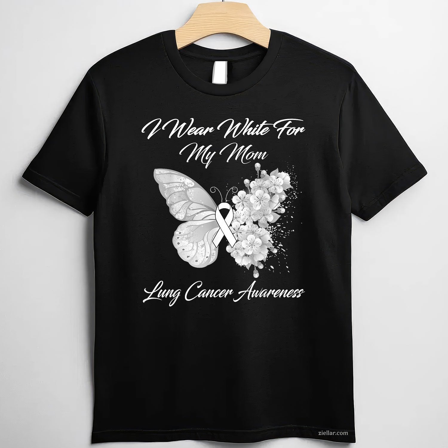 Butterfly I Wear White For My Mom Lung Cancer Awareness T-Shirt