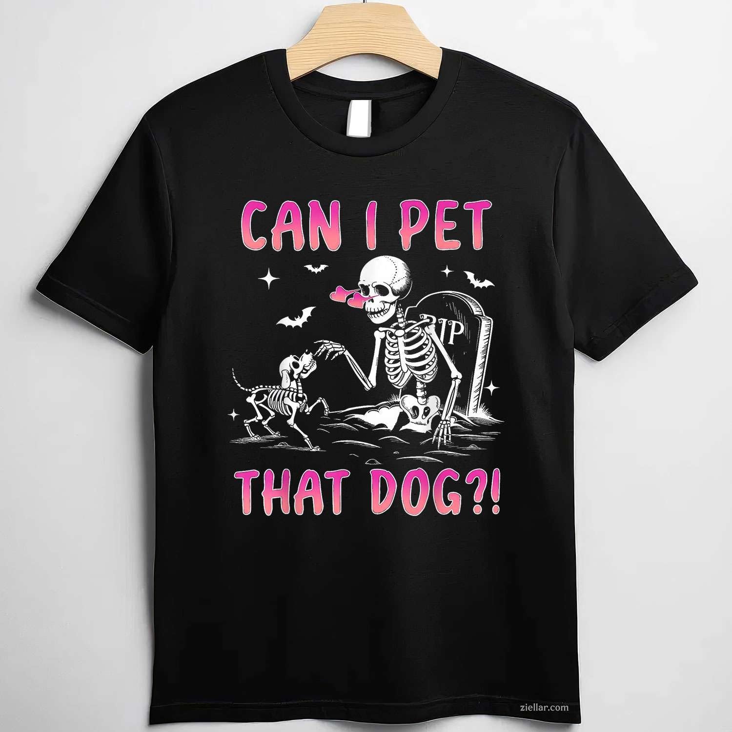 Can I Pet That Dog T-Shirt, Funny Skeleton Dog Lover Halloween Spooky Graphic Tee For Adults