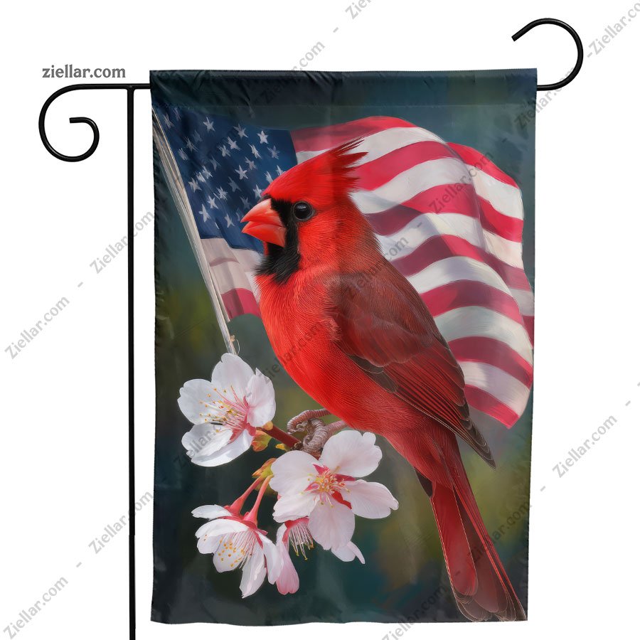 Cardinal Flowers Garden Flag, Patriotic American Banner for Lawn or Porch Use