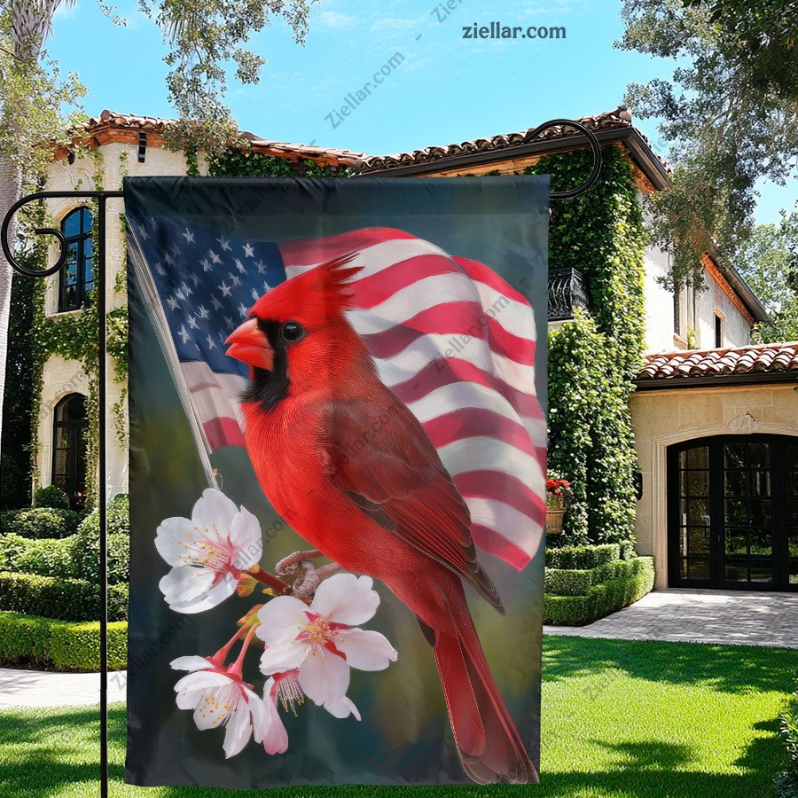 Cardinal Flowers Garden Flag, Patriotic American Banner for Lawn or Porch Use