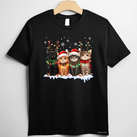 Cat Christmas Lights Tee and T-Shirt, Reindeer Santa T-Shirt for Cat Lovers Adults