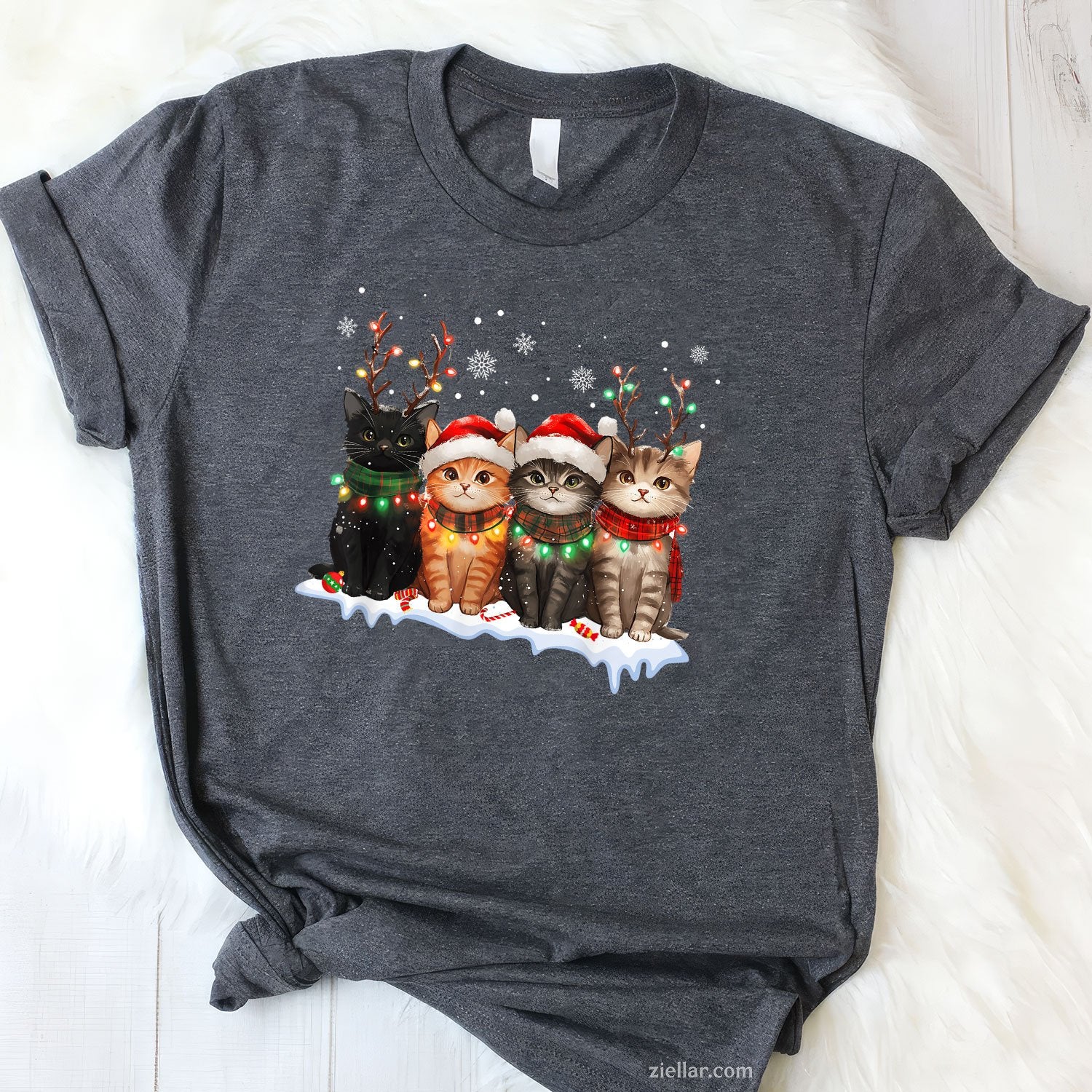 Cat Christmas Lights Tee and T-Shirt, Reindeer Santa T-Shirt for Cat Lovers Adults