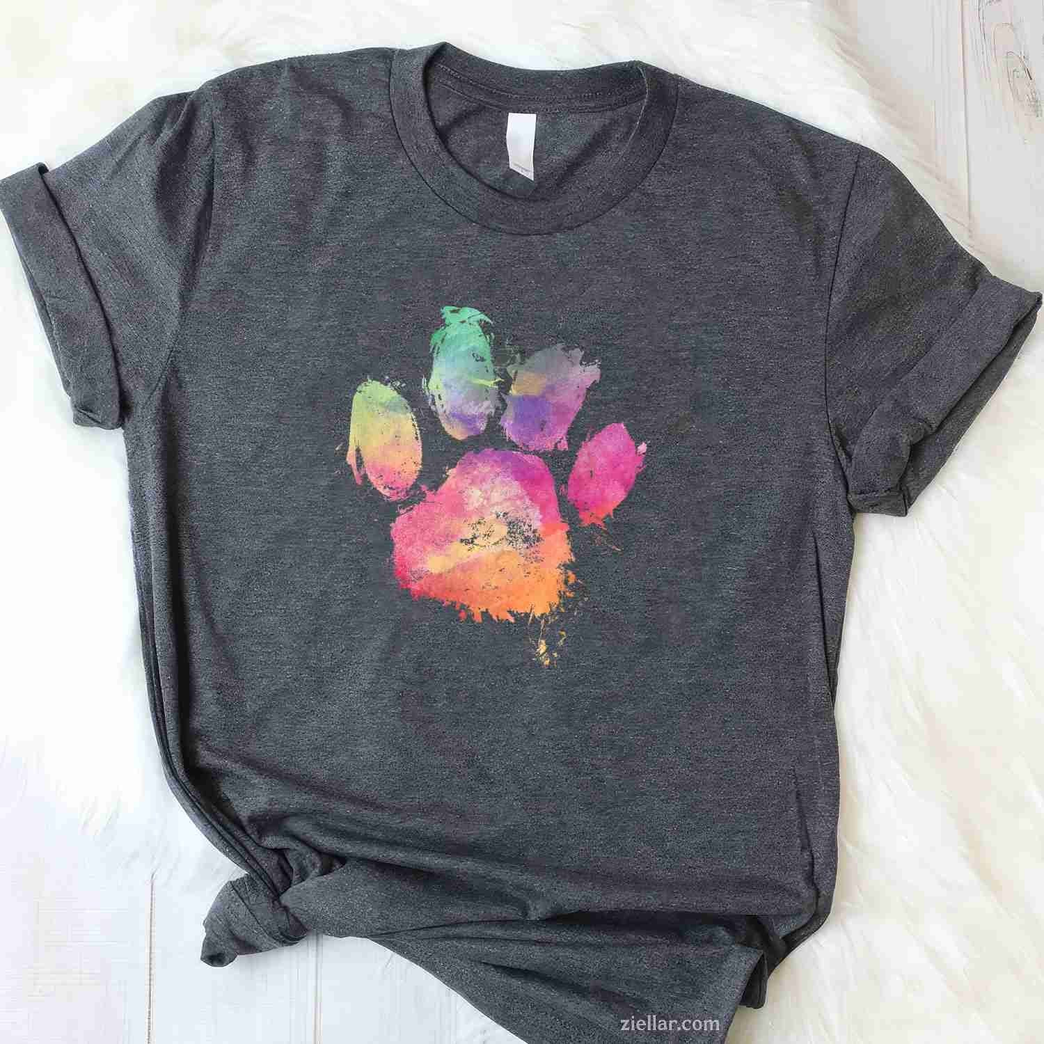 Cat Dog Paw Print Watercolor Rainbow T-Shirt, Abstract Animal Lover Vintage Graphic Tee For Adults Unisex