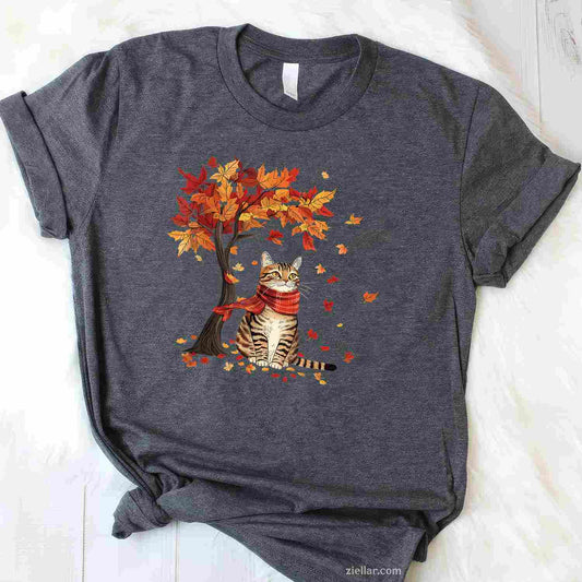 Cat Leaf Fall Tree Hello Autumn Thanksgiving It's Fall Y'all T-Shirt and Tee for Adults Men Women Unisex