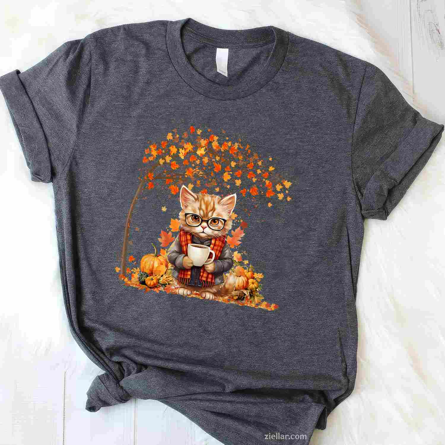 Cat Leaf Fall Hello Autumn Cat Kitten Lover Thanksgiving T-Shirt and Tee for Adults Men Women Unisex