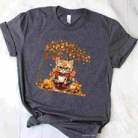 Cat Leaf Fall Hello Autumn Cat Kitten Lover Thanksgiving T-Shirt and Tee for Adults Men Women Unisex