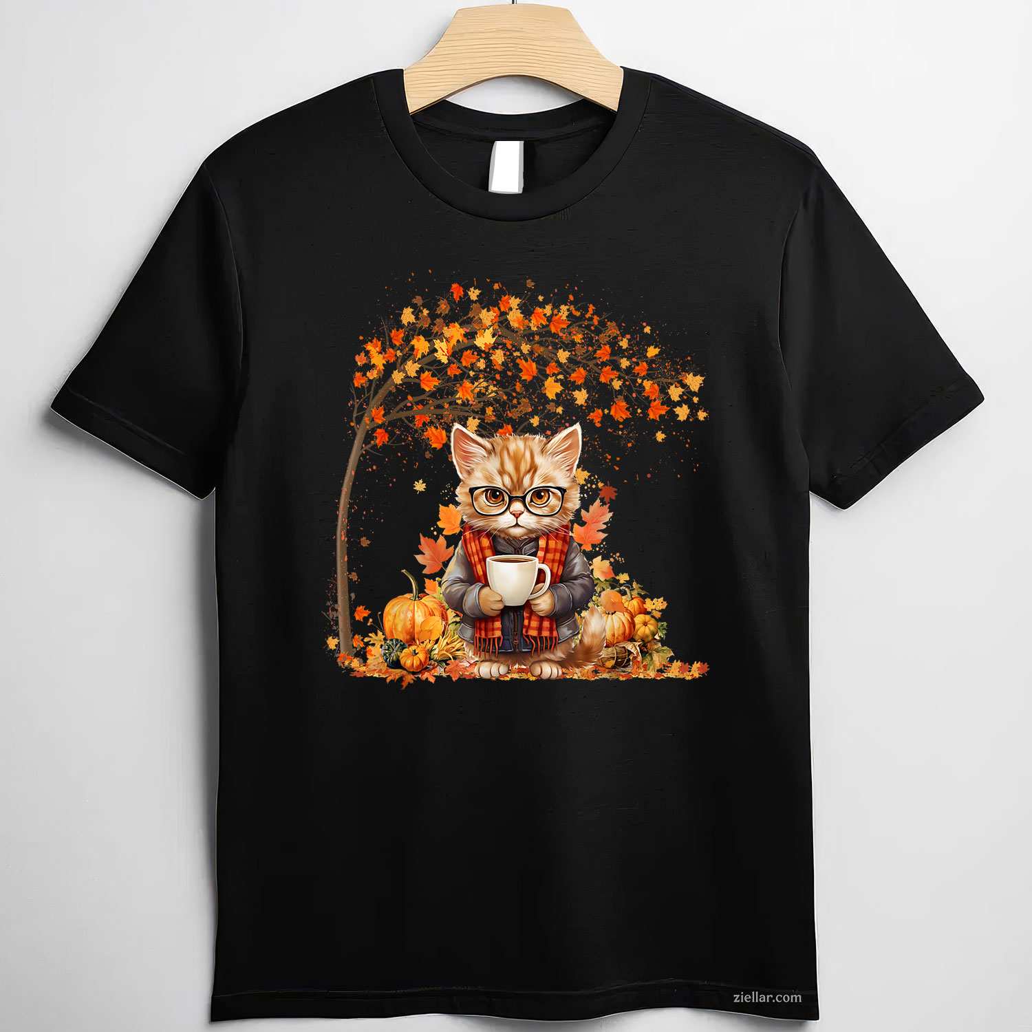Cat Leaf Fall Hello Autumn Cat Kitten Lover Thanksgiving T-Shirt and Tee for Adults Men Women Unisex