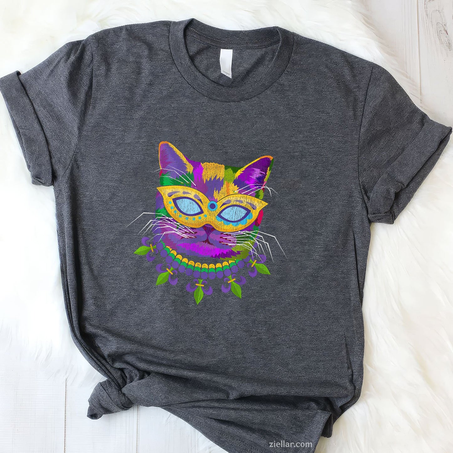 Cat in Mardi Gras Costume Tee and T-Shirt, Funny Feline Carnival T-Shirt Gift for Adults